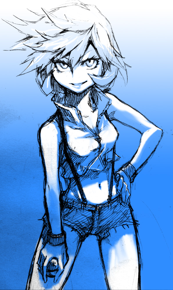blue breasts cleavage crop_top crop_top_overhang curly_hair denim denim_shorts grin hand_on_hip holding holding_poke_ball kasumi_(pokemon) looking_at_viewer medium_breasts midriff monochrome navel parted_lips poke_ball pokemon pokemon_(anime) pokemon_(classic_anime) pokemon_(game) pokemon_hgss sei_jun shorts sketch smile solo suspenders wristband