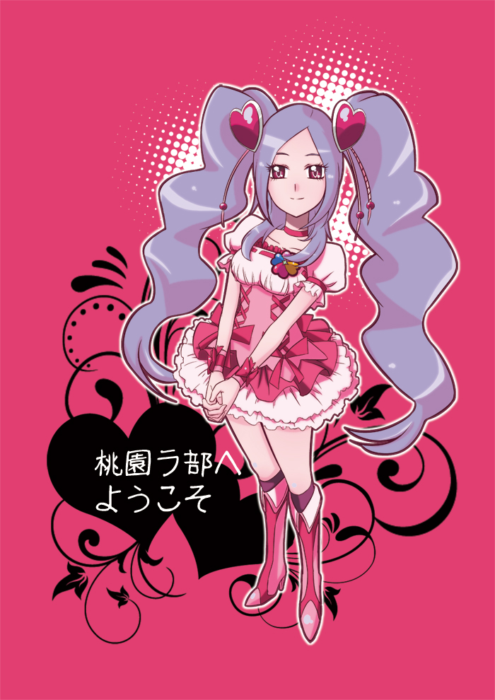 alternate_hair_length alternate_hairstyle boots choker cosplay cure_peach cure_peach_(cosplay) dress fresh_precure! frilled_dress frills full_body hair_ornament happy heart higashi_setsuna high_heels knee_boots kneehighs long_hair looking_at_viewer maboroshineko magical_girl pink pink_background pink_choker pink_footwear pink_legwear pink_skirt precure puffy_sleeves simple_background skirt smile solo translation_request twintails wrist_cuffs