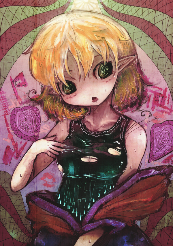 abstract_background bad_id bad_pixiv_id bangs big_eyes black_shirt blonde_hair breasts cityscape cleavage cong1991 green_eyes hand_on_own_chest heart hot jacket lipstick_mark looking_to_the_side medium_breasts mizuhashi_parsee neon_trim off_shoulder open_mouth pointy_ears shirt solo sweat symbol-shaped_pupils tank_top texture torn_clothes torn_shirt touhou