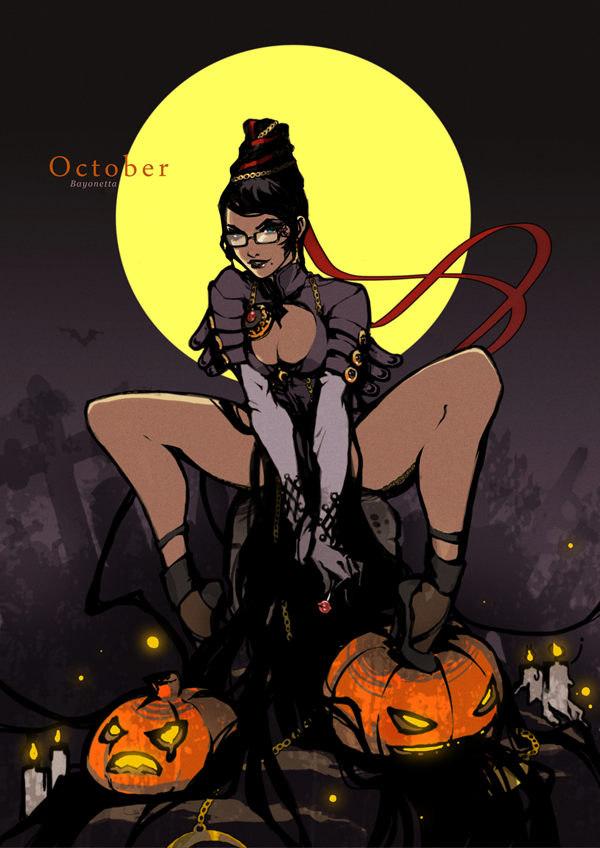 bad_id bad_tumblr_id bare_shoulders bayonetta bayonetta_(character) beehive_hairdo black_hair black_lipstick blue_eyes bodysuit breasts candle cleavage cleavage_cutout diana_jakobsson earrings full_moon glasses halloween jack-o'-lantern jewelry lipstick makeup making_of medium_breasts mole mole_under_mouth moon pinup red_ribbon ribbon smile solo