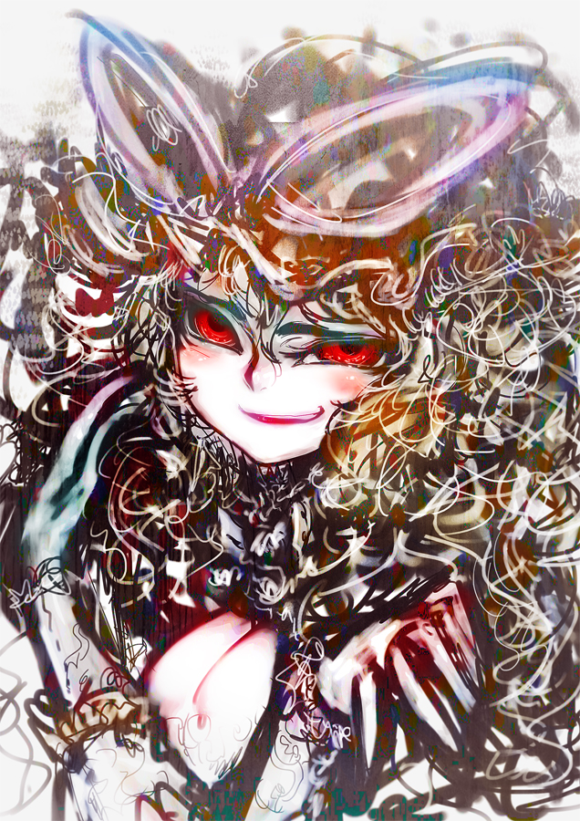 bad_id bad_pixiv_id blonde_hair bow breasts cleavage cong1991 curly_hair elbow_gloves fingers frilled_gloves frills from_side gloves hat hat_bow long_hair looking_at_viewer medium_breasts mob_cap open_mouth purple_ribbon red_eyes ribbon smirk solo texture touhou yakumo_yukari
