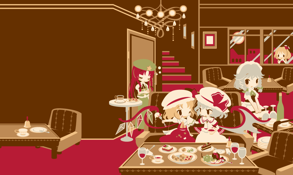 bat_wings bell blonde_hair blue_hair bottle braid cake chandelier cookie couch crossed_arms cup dress drinking_glass flandre_scarlet flat_color food food_on_face fruit grapes hat hat_ribbon hong_meiling izayoi_sakuya maid maid_headdress multiple_girls neck_ribbon one_eye_closed puffy_short_sleeves puffy_sleeves red_hair remilia_scarlet ribbon rumia saucer serving_cart shinonoko short_sleeves siblings silver_hair sisters sitting sleeping stairs star table teacup touhou twin_braids wine_glass wings