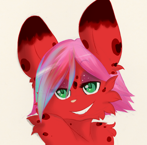 female fur green_eyes hair half-closed_eyes looking_at_viewer pink_hair red_fur smile solo suchi suchi_(character)