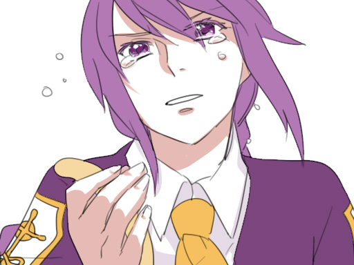 androgynous collared_shirt colored_eyelashes crying crying_with_eyes_open eyes_visible_through_hair fingernails hair_between_eyes hand_up hands long_hair looking_at_viewer melty_blood necktie purple_eyes purple_hair shirt sion_eltnam_atlasia six_(fnrptal1010) solo tears tsukihime upper_body white_shirt wing_collar yellow_neckwear