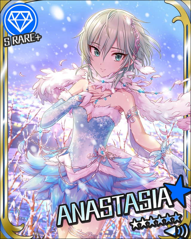 anastasia_(idolmaster) artist_request blue_eyes card_(medium) character_name diamond_(symbol) gloves hand_on_own_chest idolmaster idolmaster_cinderella_girls jewelry official_art short_hair silver_hair snowflake_print snowflakes solo