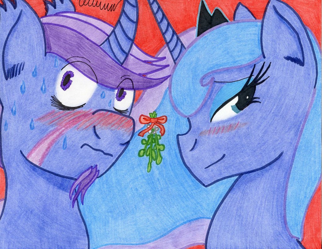 azure_night blue_fur blush cardstock crown duo equine facial_hair female friendship_is_magic fur hair horn horse male mammal mistletoe my_little_pony pony princess_luna_(mlp) purple_hair scar smile surprise sweat the1king two unicorn winged_unicorn wings