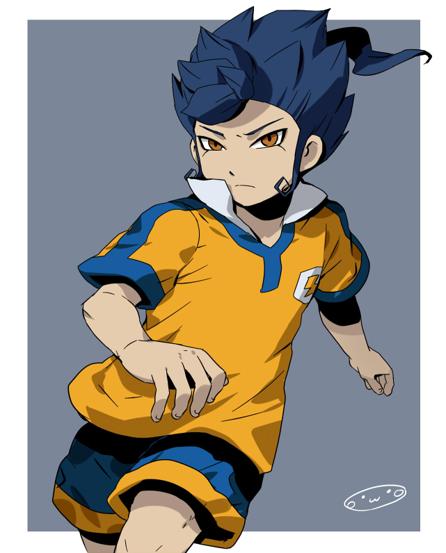 blue_hair inazuma_eleven_(series) inazuma_eleven_go lightning_bolt male_focus mizuhara_aki orange_eyes raimon raimon_soccer_uniform soccer_uniform solo sportswear tsurugi_kyousuke