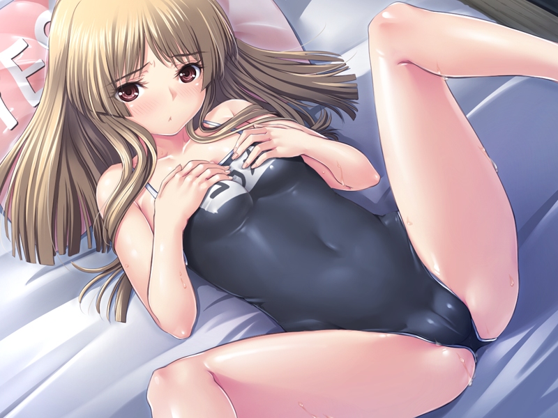 1girl :&lt; bare blonde_hair blush brown_eyes cameltoe closed_mouth collarbone dedenden! female koume_(dedenden!) long_hair looking_at_viewer lying lying_on_back navel on_back one-up school_swimsuit shoulders solo swimsuit