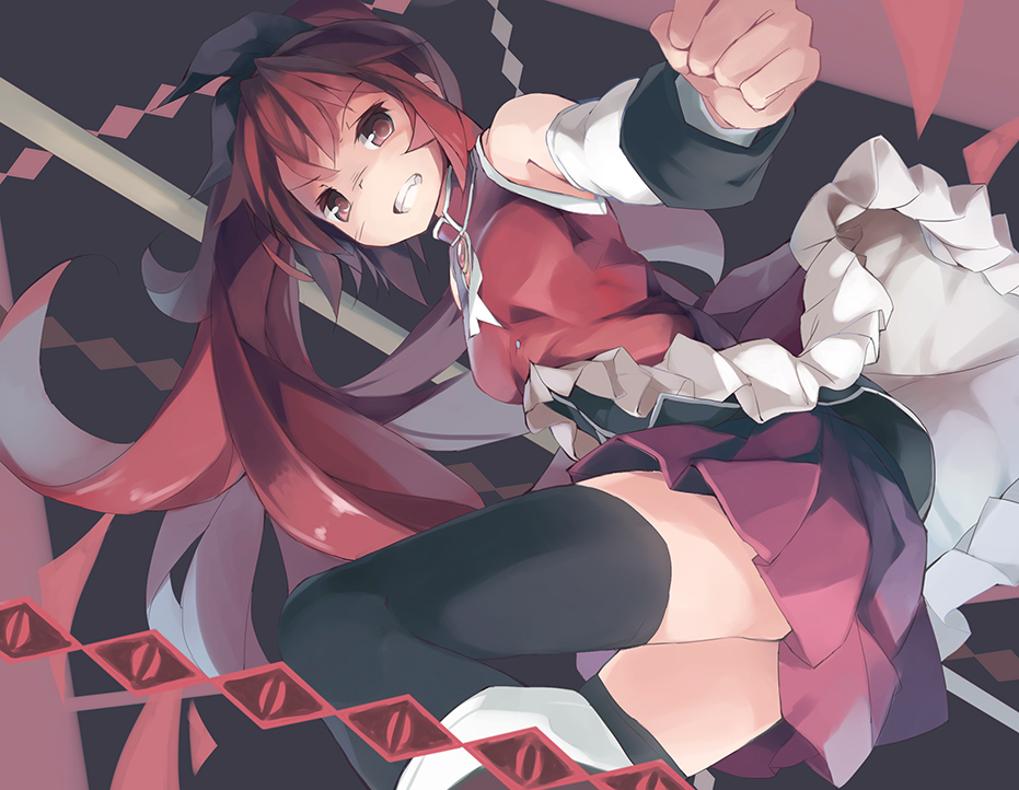 bare_shoulders black_legwear chain clenched_teeth detached_sleeves huanxiang_huifeng long_hair magical_girl mahou_shoujo_madoka_magica pleated_skirt polearm ponytail red_eyes red_hair sakura_kyouko skirt solo spear teeth thighhighs weapon