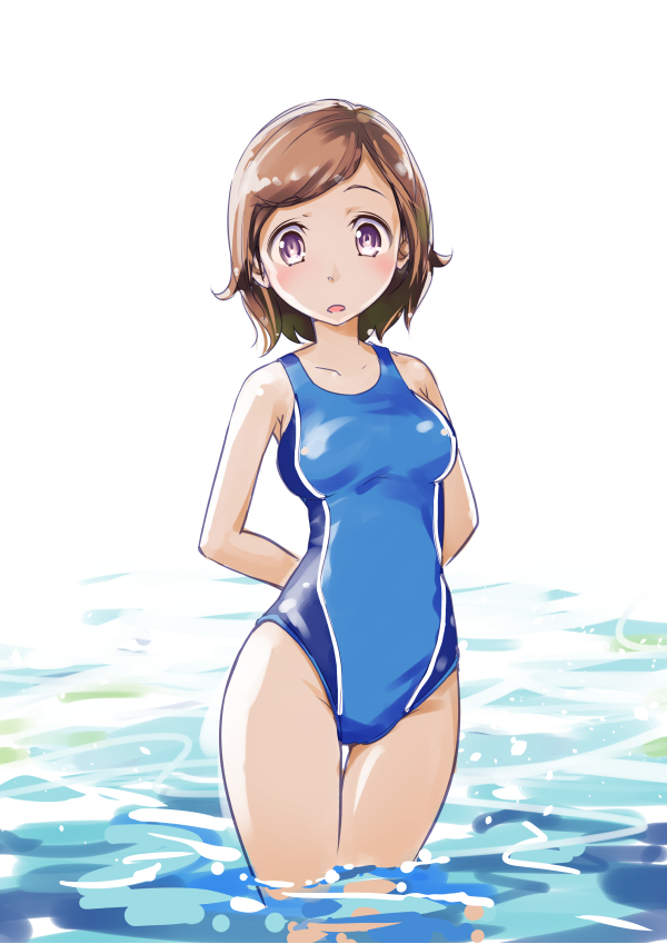 arms_behind_back brown_eyes brown_hair competition_swimsuit moupii_(hitsuji_no_ki) one-piece_swimsuit original short_hair solo standing swimsuit wading water