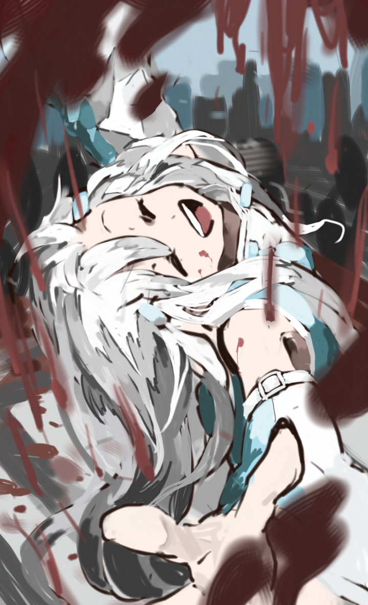 :d ^_^ bad_id bad_pixiv_id blood blood_on_face blood_splatter closed_eyes detached_sleeves laughing long_hair open_mouth original outstretched_arms shiguma_(sigmasmail) smile white_hair