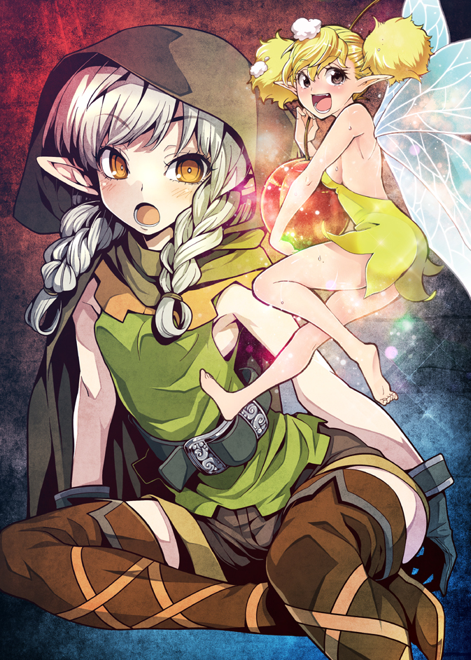 :d :o bare_shoulders barefoot belt blonde_hair boots braid brown_eyes cherry cloak cross-laced_footwear dragon's_crown dress elf elf_(dragon's_crown) fairy fairy_wings food fruit gloves hood multiple_girls open_mouth pointy_ears shorts sleeveless smile thigh_boots thighhighs tiki_(dragon's_crown) tunic twin_braids uousa-ou wings