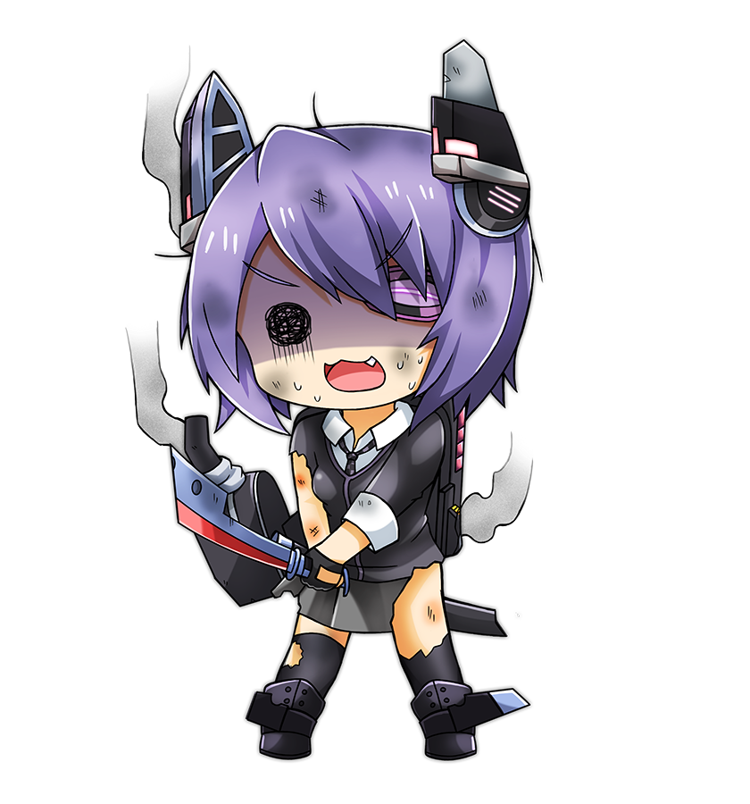 :3 :d bruise chibi eyepatch fang full_body greenteaneko headgear injury kantai_collection necktie open_mouth purple_hair school_uniform shaded_face short_hair smile solid_circle_eyes solo sweat sword tenryuu_(kantai_collection) thighhighs torn_clothes transparent_background weapon