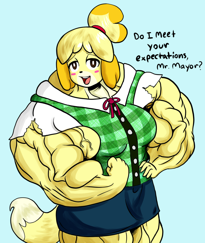 animal_crossing:_new_leaf big_muscles blush canine clothed clothing female flexing hyper hyper_muscles isabelle_(animal_crossing) looking_at_viewer mammal muscles nintendo solo video_games wobbleblot