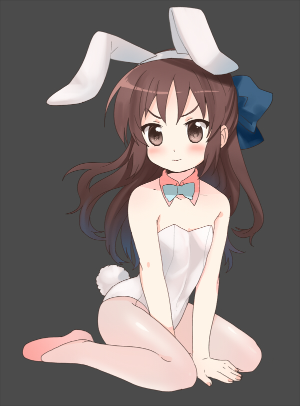 animal_ears bad_id bad_pixiv_id bow bowtie brown_eyes brown_hair bunny_ears bunny_tail bunnysuit detached_collar long_hair melompan original pantyhose solo tail wrist_cuffs