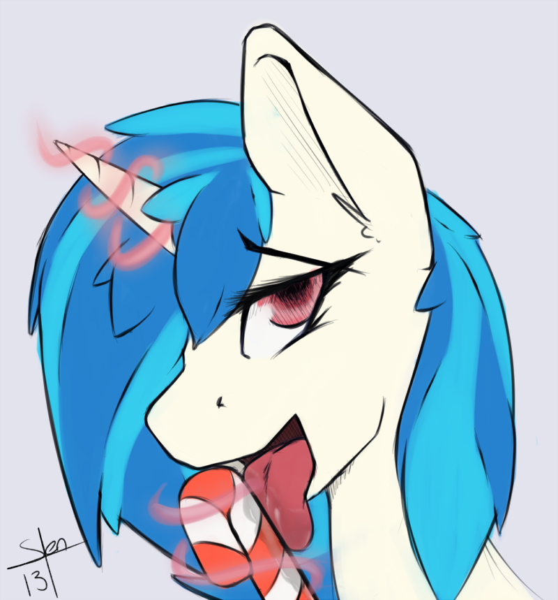 blue_hair candy_cane equine friendship_is_magic fur hair horn levitation licking looking_at_viewer magic mammal my_little_pony open_mouth plain_background red_eyes saliva slendidnt solo suggestive tongue tongue_out two_tone_hair vinyl_scratch_(mlp) white_background white_fur