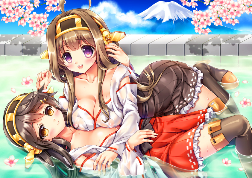 ahoge bare_shoulders black_hair boots breasts brown_eyes brown_hair cherry_blossoms cleavage detached_sleeves double_bun fukase_ayaka hair_ornament hairband hairclip haruna_(kantai_collection) japanese_clothes kantai_collection kongou_(kantai_collection) large_breasts long_hair miniskirt mountain multiple_girls nontraditional_miko onsen open_mouth partially_submerged purple_eyes ribbon-trimmed_sleeves ribbon_trim see-through skirt smile thigh_boots thighhighs zettai_ryouiki