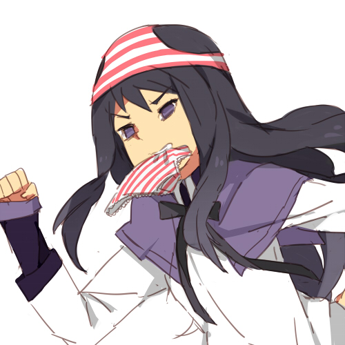akemi_homura banned_artist black_hair late late_for_school long_hair lowres mahou_shoujo_madoka_magica mouth_hold object_on_head panties panties_in_mouth panties_on_head purple_eyes running solo striped striped_panties tribute underwear