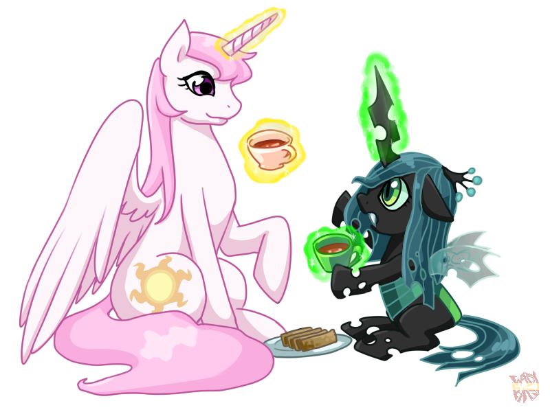 black_body changeling crown cub cup cutie_mark equine fangs female feral food friendship_is_magic fur glowing green_eyes green_hair hair horn horse long_hair magic mammal my_little_pony norang94 pink_hair plain_background plate pony princess_celestia_(mlp) purple_eyes queen_chrysalis_(mlp) sitting smile teacup transparent_background white_fur winged_unicorn wings young