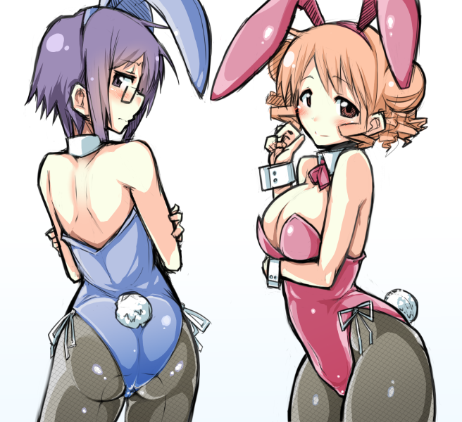animal_ears ass back-seamed_legwear bare_shoulders blush breast_lift breasts bunny_tail bunnysuit detached_collar double_bun from_behind glasses hidamari_sketch hiro kagami_uekusa large_breasts looking_at_viewer looking_back multiple_girls pantyhose sae seamed_legwear short_hair simple_background smile tail white_background wrist_cuffs