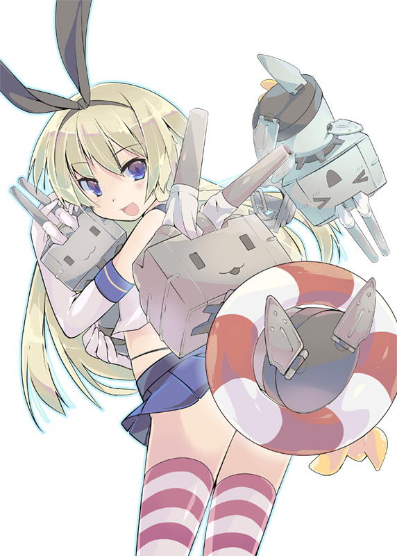 &gt;_&lt; :3 blonde_hair blue_eyes blush closed_eyes elbow_gloves gloves hairband kantai_collection lifebuoy long_hair open_mouth rensouhou-chan shimakaze_(kantai_collection) simple_background skirt smile striped striped_legwear thighhighs transpot_nonoko white_background white_gloves