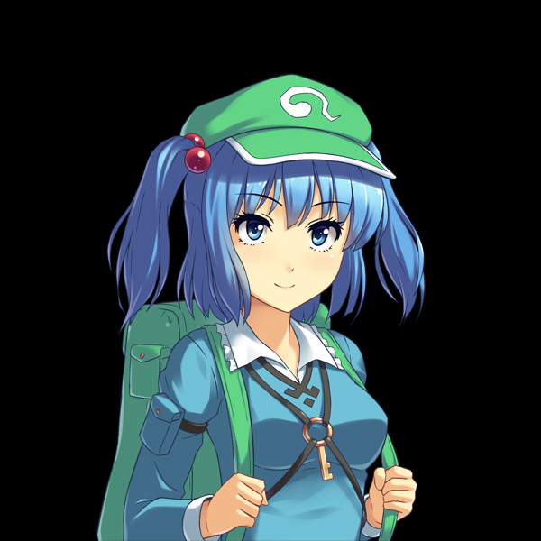 athrun1120 backpack bad_id bad_pixiv_id bag black_background blue_eyes blue_hair breasts hair_bobbles hair_ornament hat kawashiro_nitori key looking_at_viewer medium_breasts short_hair simple_background smile solo touhou two_side_up vest
