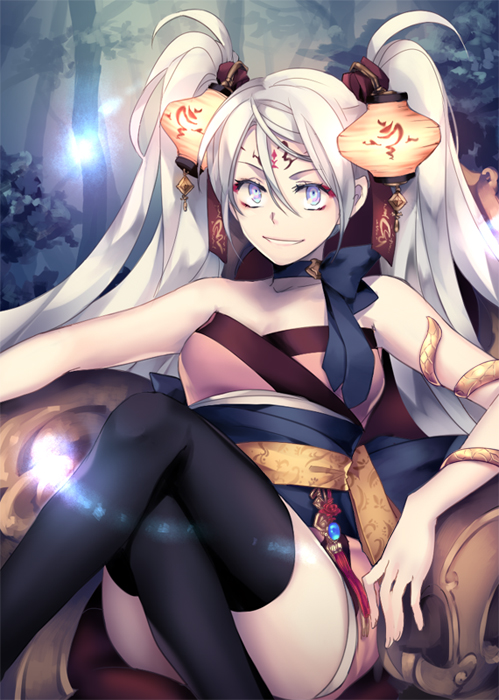 bare_shoulders blue_eyes chair crossed_legs ddflow facial_mark forehead_mark japanese_clothes lantern md5_mismatch neck_ribbon original ribbon sitting snake_armband solo thighhighs twintails white_hair