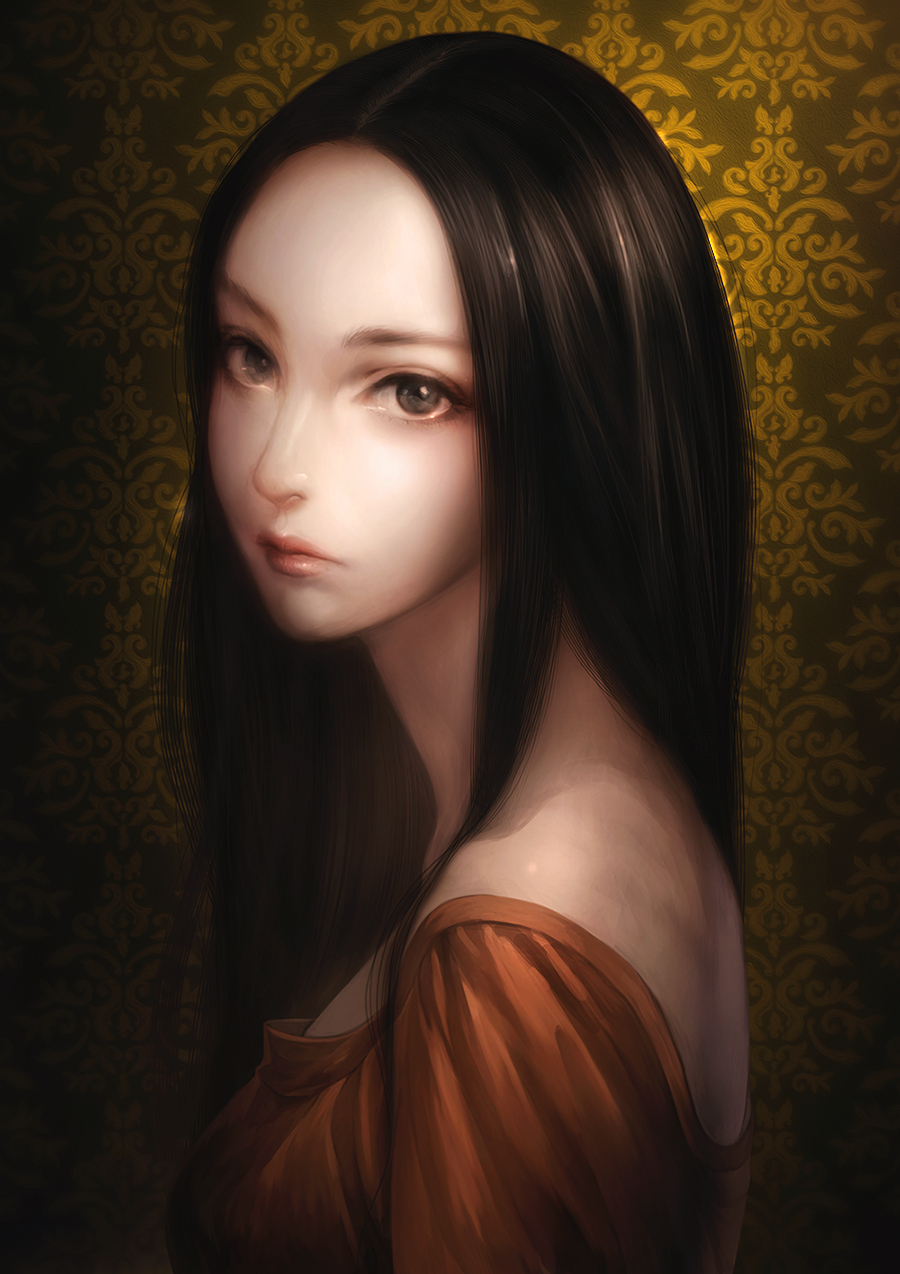 brown_eyes brown_hair face forehead highres lips long_hair nose original realistic solo stf_amagihana upper_body