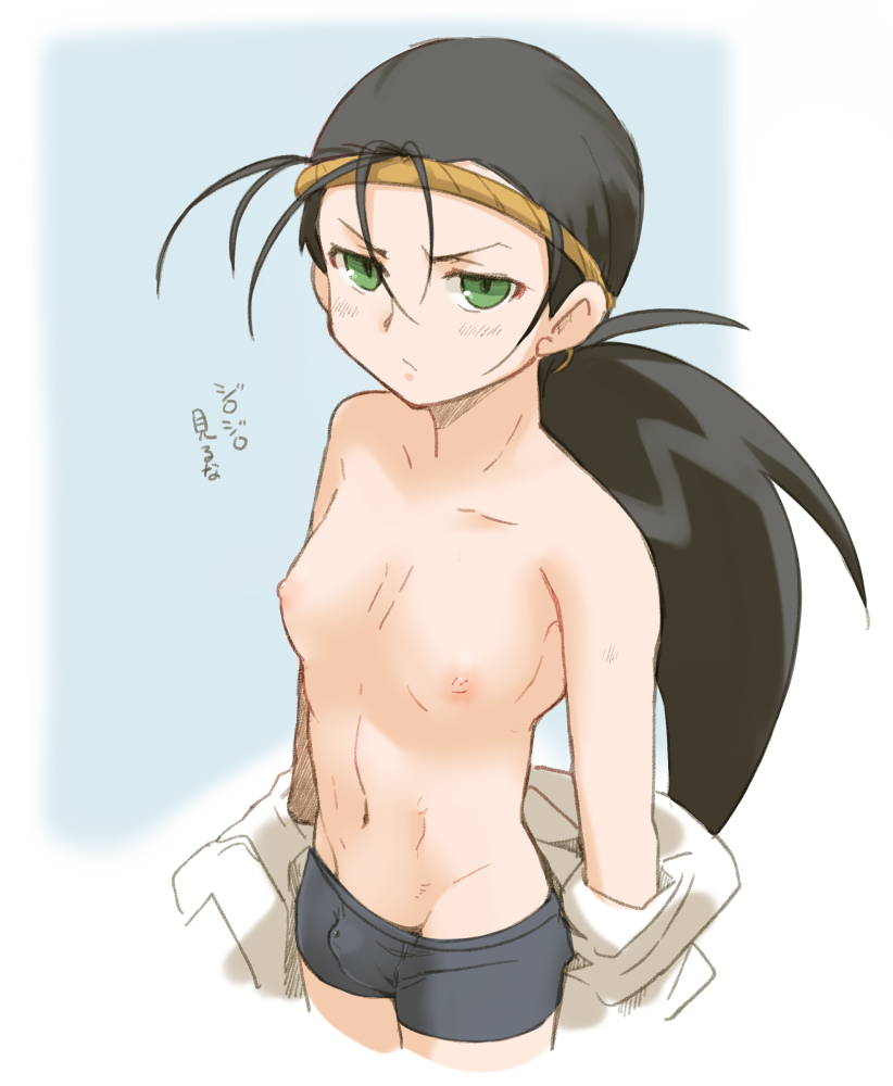 bad_id bad_pixiv_id bakusou_kyoudai_let's_&amp;_go!! black_hair breasts bulge byoukitakashi collarbone green_eyes groin long_hair looking_at_viewer male_focus midriff navel nipples otoko_no_ko ponytail puffy_chest small_breasts solo standing stomach takaba_ryou translation_request undressing wet_spot