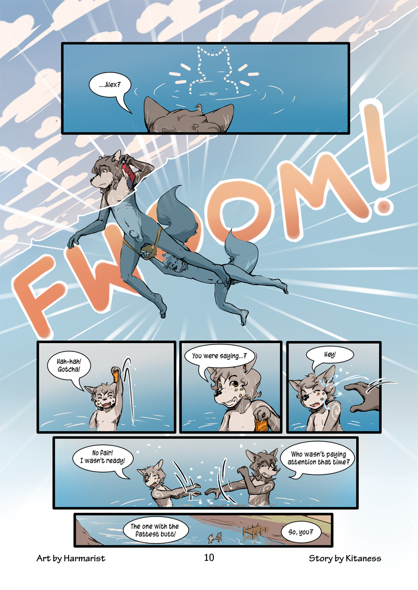 anthro balls brothers canine comic cub fur harmarist invalid_tag kitaness lake male mammal penis sheath sheath_and_knife sibling swim underwater water will wolf young