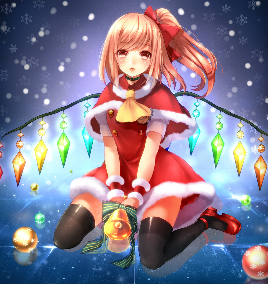 ascot bad_id bad_pixiv_id banned_artist bell black_legwear blonde_hair blush capelet flandre_scarlet hair_ribbon jingle_bell long_hair mary_janes open_mouth red_capelet red_eyes red_footwear ribbon santa_costume shoes side_ponytail sitting smile solo thighhighs touhou tsukiriran wariza wings wrist_cuffs