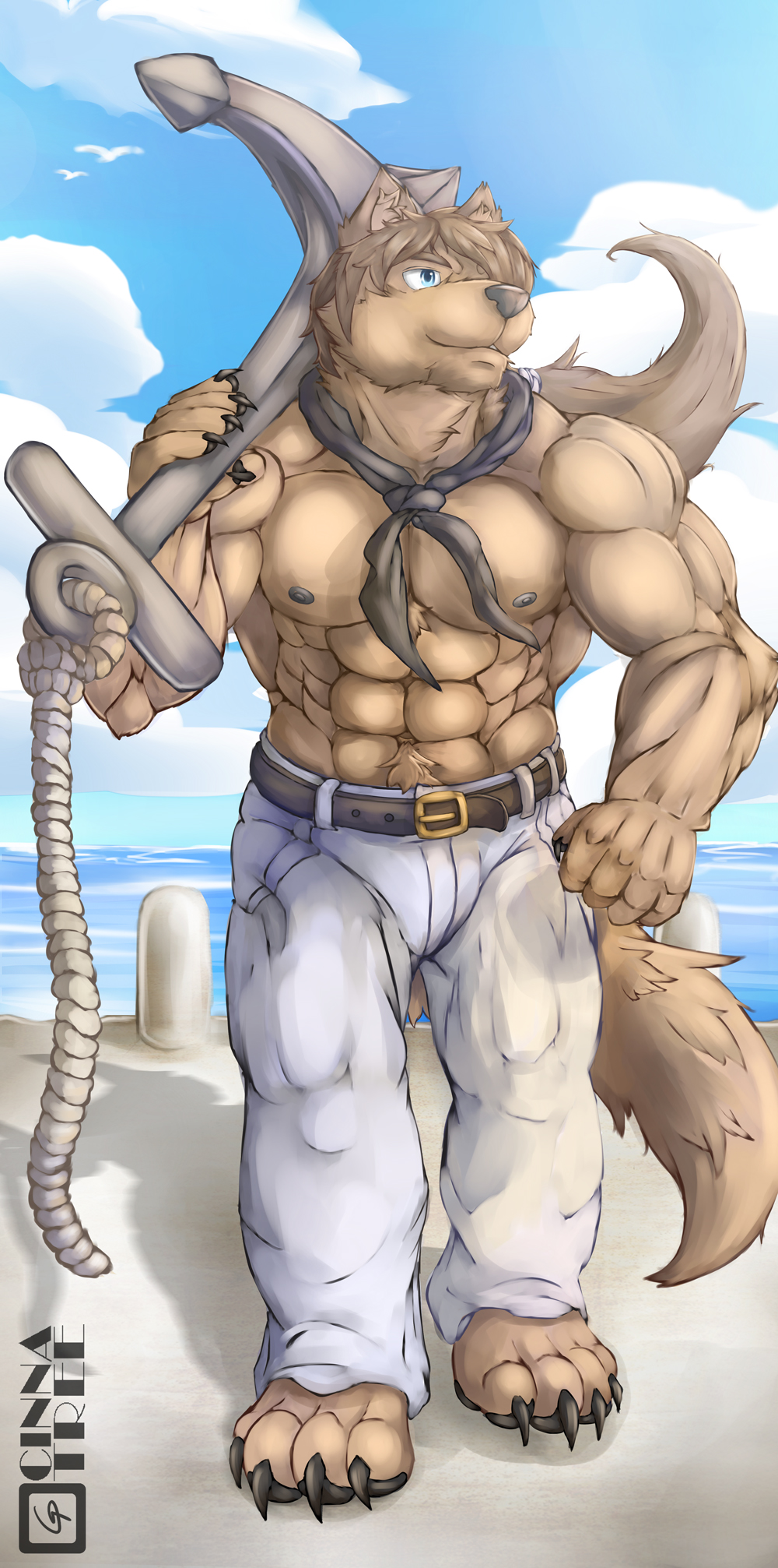anchor anthro bandanna beach belt biceps big_muscle big_muscles black_nipples black_pawpads blue_eyes brown_fur brown_hair brown_nose canine chest_tuft cinna-tree claws clothing dock front fur grin hair jeans male mammal muscles nipples pants pawpads paws pecs pose sand sea seaside sky smile solo standing tan_fur toe_claws toned topless tuft water wolf