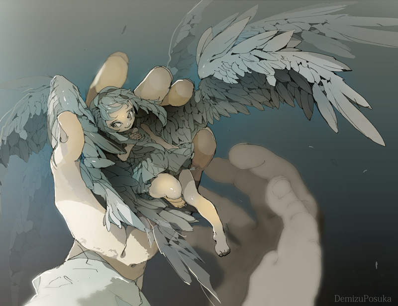 artist_name barefoot blue_hair blurry demizu_posuka dress feathered_wings grey_eyes grey_hair grin hand_on_own_chest hands holding in_palm knee_up looking_away minigirl multiple_wings original out_of_frame pov pov_hands sideways_glance sitting size_difference sleeveless sleeveless_dress smile solo_focus wings