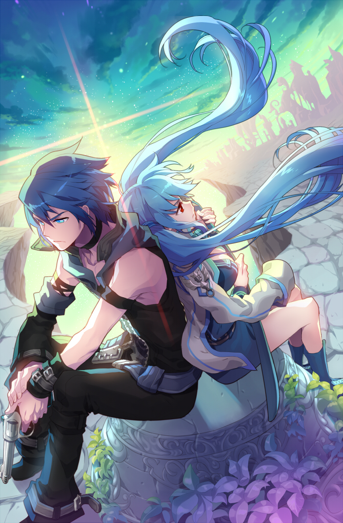 1girl back-to-back blue_eyes blue_hair c.seryl character_request gun holding jacket long_hair luthica_preventer open_clothes red_eyes rock sheath sheathed short_hair sitting sitting_on_rock skirt sword sword_girls twintails weapon