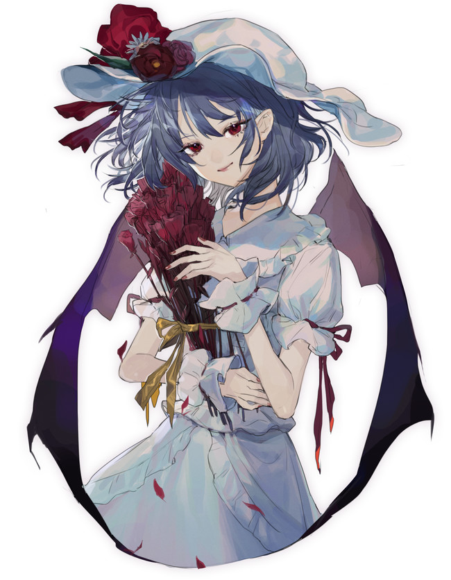 1girl arm_garter bangs bat_wings blue_hair bouquet collar floating_hair flower frilled_collar frills hat hat_flower hat_ribbon holding holding_bouquet looking_at_viewer nail_polish petals pointy_ears puffy_short_sleeves puffy_sleeves red_eyes red_flower red_ribbon red_rose remilia_scarlet ribbon rose shirt short_hair short_sleeves sidelocks simple_background skirt skirt_set smirk solo tian_(my_dear) touhou white_background white_shirt white_skirt wings wrist_cuffs yellow_ribbon