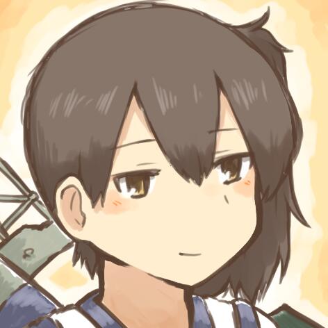 bad_id bad_twitter_id blush brown_hair kaga_(kantai_collection) kantai_collection lowres rebecca_(keinelove) short_hair side_ponytail smile solo yellow_eyes