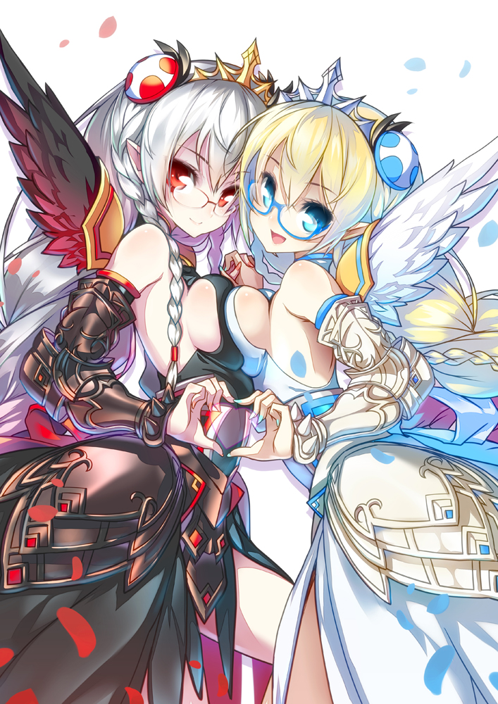 black_wings blonde_hair blue-framed_eyewear blue_eyes blush breast_press breasts dark_valkyrie_(p&amp;d) faulds glasses hair_ornament heart heart_hands heart_hands_duo hong_(white_spider) interlocked_fingers long_hair looking_at_viewer medium_breasts multiple_girls open_mouth puzzle_&amp;_dragons red_eyes rimless_eyewear silver_hair smile symmetrical_docking tiara valkyrie_(p&amp;d) vambraces water_valkyrie_(p&amp;d) white_wings wings