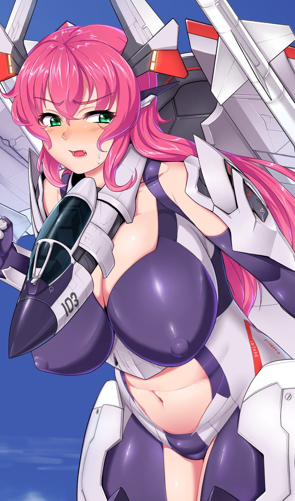 aircraft airplane belly blush bodysuit breasts covered_nipples green_eyes highres huge_breasts jet long_hair mc_axis mcdonnell_f3h_demon mecha_musume navel personification pink_hair solo vuccha