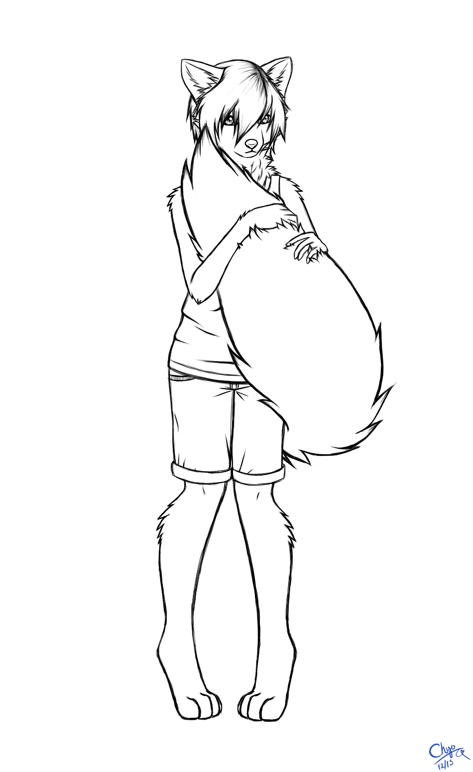 canine chiroina chyo clothing clutching fox him him_the_baker jeans male mammal shorts shy sketch solo work_in_progress
