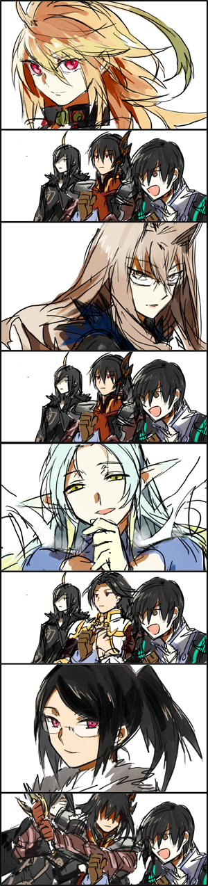 ahoge armor bare_shoulders black_hair blue_hair brown_eyes brown_hair choker coat comic dress fur gaijin_4koma gaius_(tales) glasses gloves green_eyes hair_ornament highres jude_mathis karla_outway long_hair long_image milla_maxwell multicolored_hair muzet_(tales) open_mouth pink_eyes pointy_ears ponytail presa_(tales) starshadowmagician sword tales_of_(series) tales_of_xillia tall_image weapon wingul_(tales)