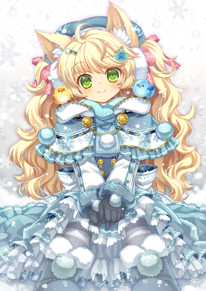 ahoge animal animal_ears animal_on_shoulder bird bird_on_shoulder black_gloves blonde_hair blush capelet capura_lin dress gloves green_eyes hair_ornament hairclip hat long_hair original scarf smile snow snowflakes snowing solo v_arms