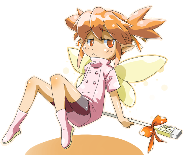 :&lt; bike_shorts ce-tan eyebrows fairy floating kakikukeko orange_hair os-tan red_eyes solo usb wand wings