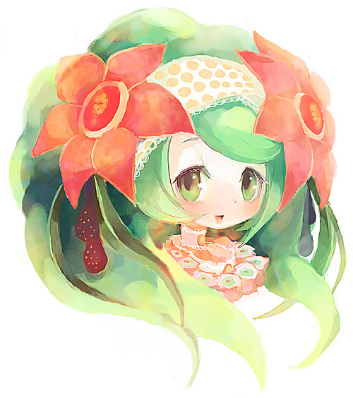 artist_request costume flower gen_4_pokemon green_eyes green_hair personification pokemon shaymin simple_background smile solo white_background