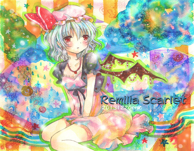 alternate_costume bad_id bad_pixiv_id bat_wings blue_hair blush character_name dated dress emo_(mikan) hand_on_lap hat jacket jewelry looking_away mob_cap multicolored multicolored_background necklace open_clothes open_jacket parted_lips red_eyes remilia_scarlet ribbon short_hair sitting solo touhou traditional_media wariza watercolor_(medium) wings