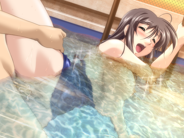 1boy 1girl binetsu_kyoushi_cherry breasts breasts_outside brown_hair cum cum_in_pussy ejaculation game_cg happy_sex hase_chieri koikawa_kouta large_breasts long_hair nipples no_bra nude partially_submerged penis pool public pussy sex sweat swimsuit teacher_and_student thigh_grab uncensored underwater_sex vaginal wet yamane_masahiro zyx