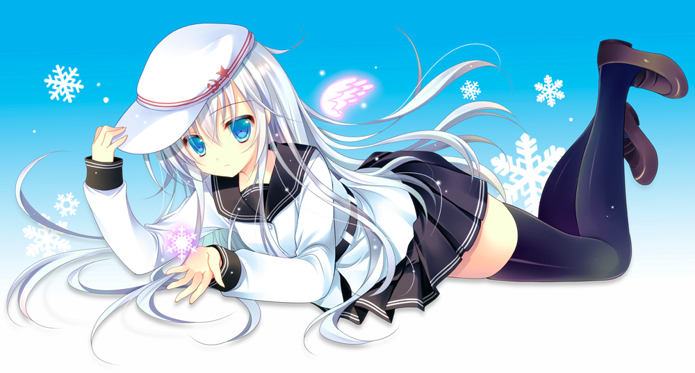 adjusting_clothes adjusting_hat black_legwear blue_eyes hair_ornament hand_on_headwear hat hibiki_(kantai_collection) kantai_collection loafers long_hair looking_at_viewer open_mouth pleated_skirt school_uniform serafuku shirogane_hina shoes silver_hair skirt snowflakes solo thighhighs verniy_(kantai_collection) zettai_ryouiki