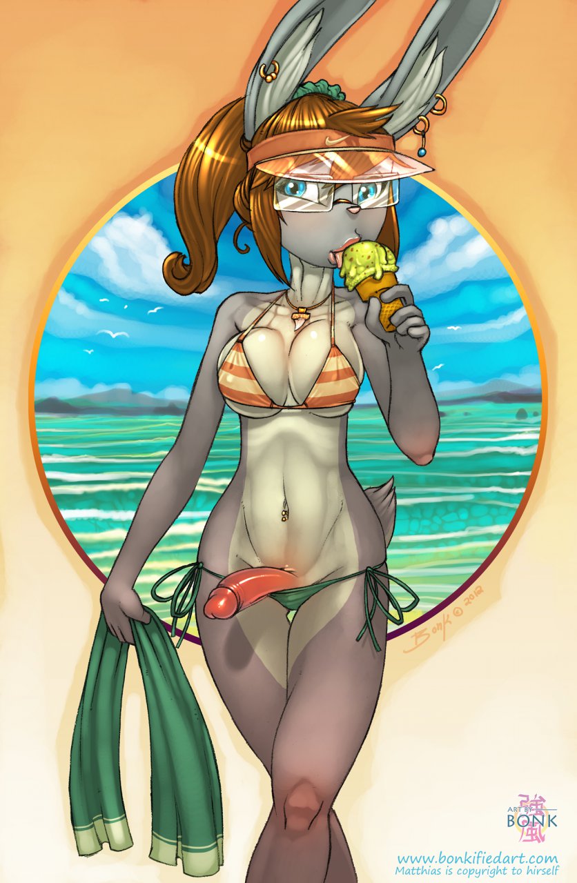 anthro beach bikini blue_eyes blue_sky bonk breasts brown_hair dickgirl ear_piercing erection eyewear front fur glasses grey_fur hair humanoid_penis ice_cream intersex lagomorph looking_at_viewer mammal matthias navel_piercing penis piercing pink_lips pinup pose rabbit seaside sky solo standing sucking summer swimsuit tongue water