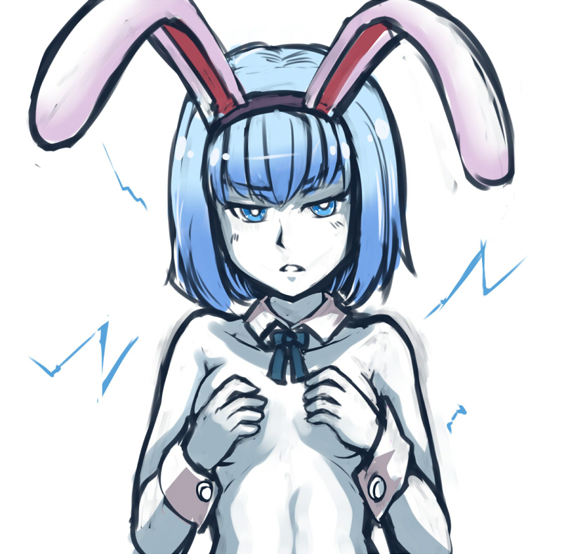 animal_ears blue_eyes blue_hair bunny_ears covering covering_breasts frown genderswap genderswap_(mtf) league_of_legends nam_(valckiry) nude personification short_hair solo white_background wrist_cuffs xerath