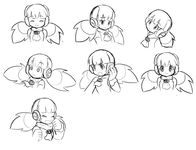 call_(mighty_no._9) call_h commentary english_commentary expressions greyscale head_tilt mighty_no._9 monochrome pontata robot_ears shocked_eyes sketch smile solo twintails