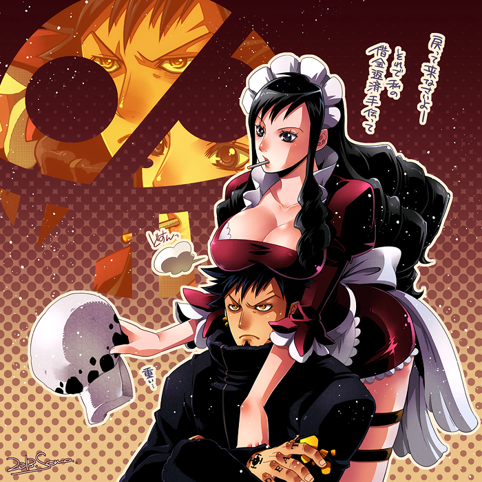 1boy 1girl 2013 artist_name baby_5 black_hair breast_rest breasts breasts_on_head cigarette cleavage crossed_arms frown hat hat_removed headwear_removed large_breasts long_hair maid maid_headdress one_piece punk_hazard signature soma_(a-soma) trafalgar_law translation_request